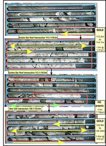 Golden Bar Reef and new reef intersection from hole GBDD006 between 113.1 through 125.4m.