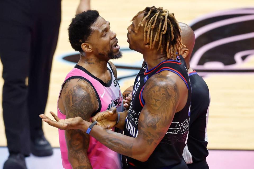 Udonis Haslem #40 of the Miami Heat and Dwight Howard #39 of the Philadelphia 76ers are involved in a scuffle during the second quarter at AmericanAirlines Arena on May 13, 2021 in Miami, Florida.