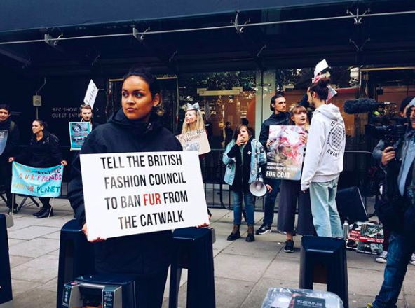 Animal rights activists rally against the use of animal fur at London Fashion Week [Photo: Instagram]