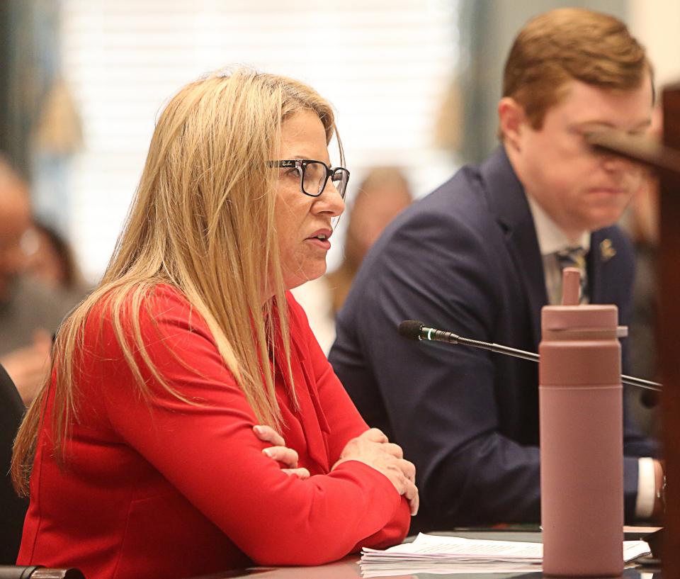 Valerie Longhurst, Speaker of the Delaware House of Representatives, speaks in suport of House Substitute 1 for House Bill 350 at Legislative Hall in Dover on Wednesday, March 27, 2024.