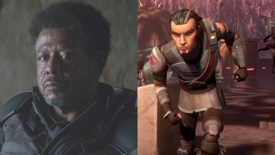 split image of Saw gererra in live action and animated versions in star wars