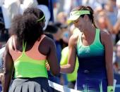 Aug 21, 2015; Cincinnati, OH, USA; Serena Williams (left) shakes hands with Ana Ivanovic (not right) after their match in the quarterfinals during the Western and Southern Open tennis tournament at the Linder Family Tennis Center. Mandatory Credit: Aaron Doster-USA TODAY Sports