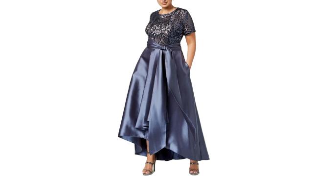 R&M Richards Long Mother of Bride Plus Size Formal Dress| Cap Sleeve,  Zipper Back, Full-Length