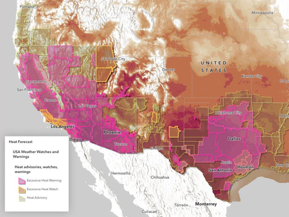 Heat alerts were in place across much of the southern and western US on Thursday (NOAA/National Weather Service)