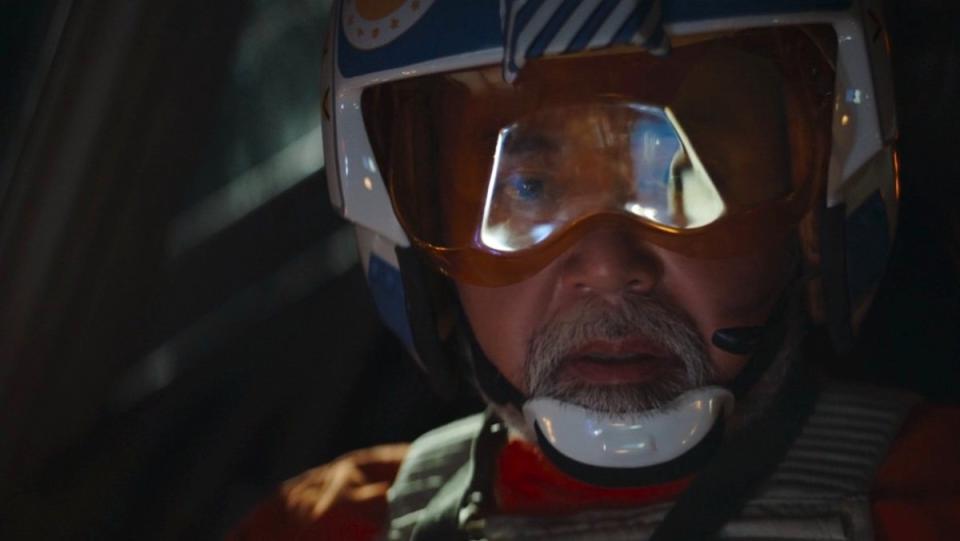 Pilot Carson Teva in his X-wing with his helmet and goggles on from The Mandalorian