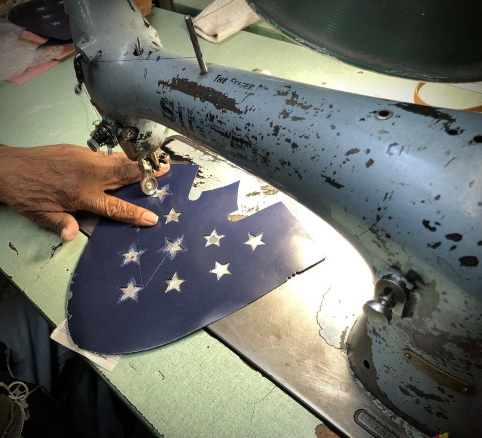 A Rocketbuster Handmade Custom Boots craftsman works on a pair of boots for Jane Fonda for her new movie, "80 for Brady."