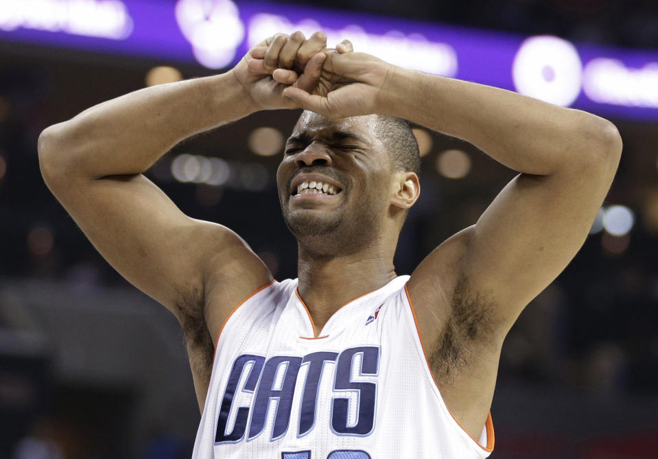 Charlotte Bobcats' Gary Neal reacts after being called for a foul against the Miami Heat during the first half in Game 4 of an opening-round NBA basketball playoff series in Charlotte, N.C., Monday, April 28, 2014. (AP Photo/Chuck Burton)