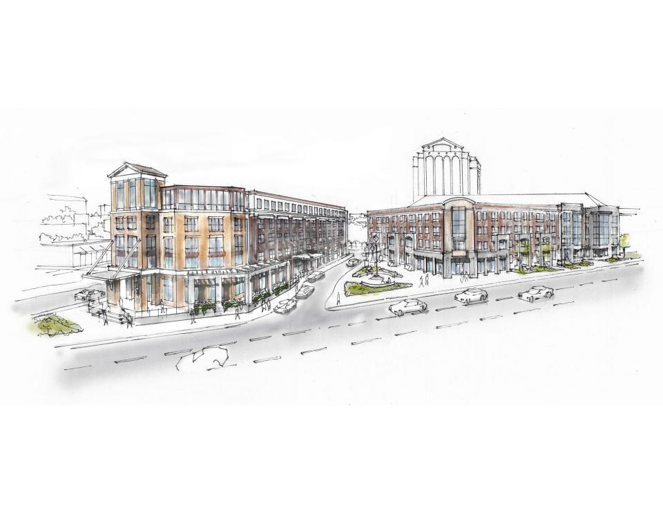 This rendering shows what a proposed mix-use residential and commercial development built around Murfreesboro City Hall would resemble off Broad and Church streets. The project is proposed by HRP development company with architect Bart Kline with Kline Swinney Associates.