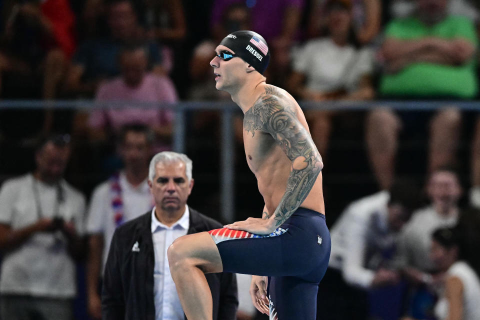 US' Caeleb Dressel prepares to compete in the semifinal of the men's 100m butterfly swimming event during the Paris 2024 Olympic Games at the Paris La Defense Arena in Nanterre, west of Paris, on August 2, 2024. (Photo by Manan VATSYAYANA / AFP) (Photo by MANAN VATSYAYANA/AFP via Getty Images)