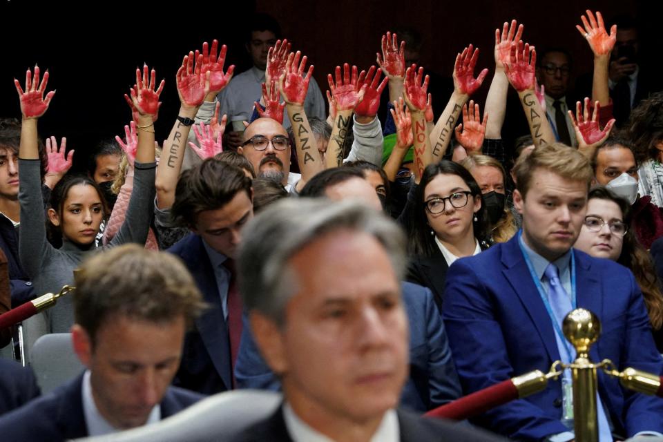 Protestors display "bloody" hands during a Senate hearing