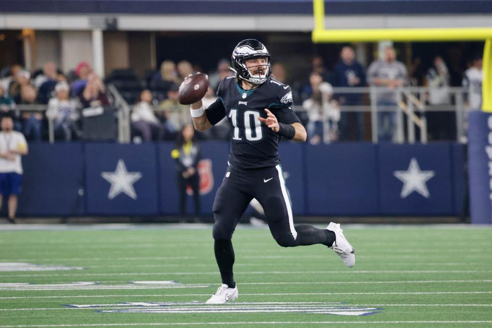 Philadelphia Eagles quarterback Gardner Minshew (10) prepares to throw the ball during an NFL game in Arlington, Texas, Saturday, Dec. 24, 2022.