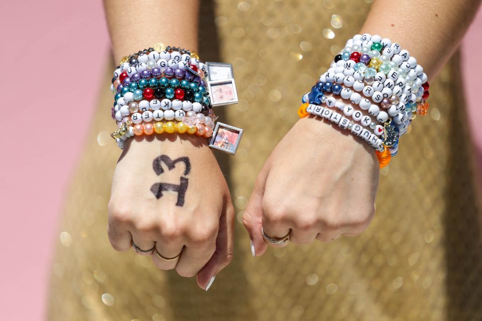 Aug 3, 2023; Inglewood, Calif., USA; Kelly Griffiths, 18, shows her bracelets outside So-Fi Stadium on August 3, 2023, waiting to watch Taylor Swift perform. Swift will perform the first show of a six-night stint at SoFi Stadium, ending her final leg of her 2023 U.S. Eras Tour. Mandatory Credit: Yannick Peterhans-USA TODAY ORG XMIT: USAT-717107 (Via OlyDrop)