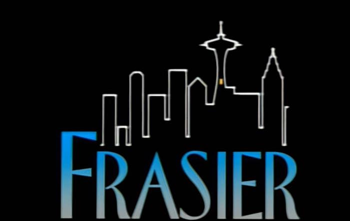 Title card for "Frasier" with a Seattle skyline outline