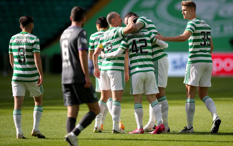 Celtic's Callum McGregor (no.42) celebrates scoring his sides first goal during the Scottish Premiership match at Celtic Park, Glasgow.  - PA