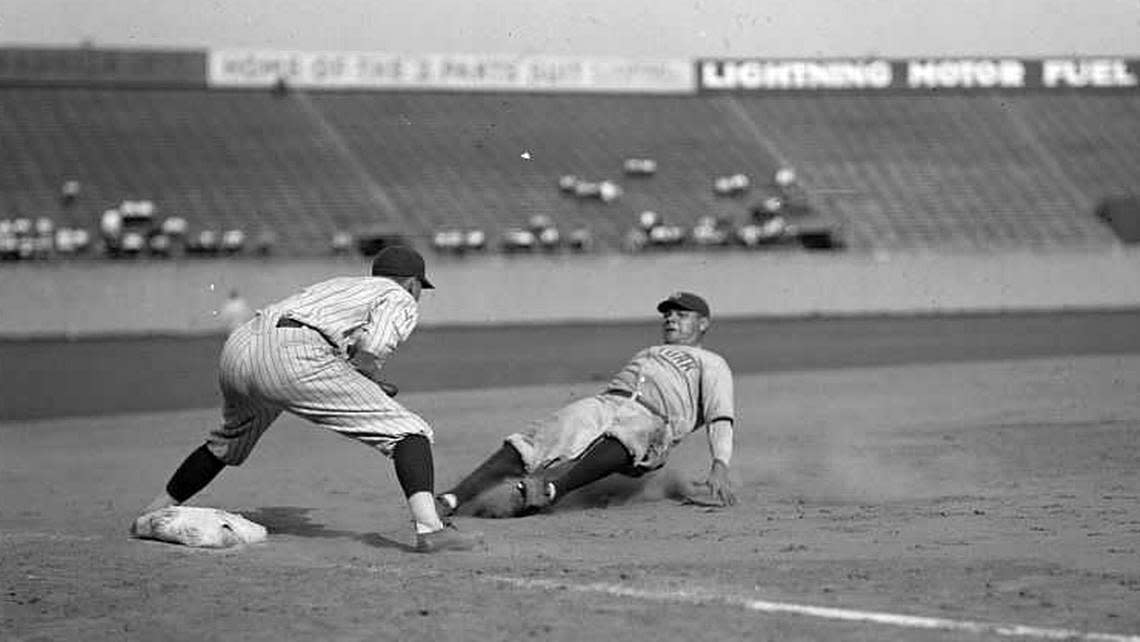 Babe Ruth is tagged out by Ossie Bluege after trying to go from first to third base on Lou Gehrig’s single during a game against the Washington Senators in 1925. Ruth and Gehrig came to Sacramento for several exhibition games in Sacramento in the 1920s.