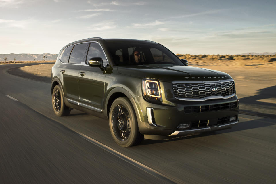 This undated photo provided by Kia shows the all-new Kia Telluride. It's an attractive, upscale and capable three-row SUV, and it's at the top of its class. The Telluride is one of the best options you have if you're looking for a camping-friendly vehicle with lots of space for passengers and cargo. (Kia Motors America via AP)