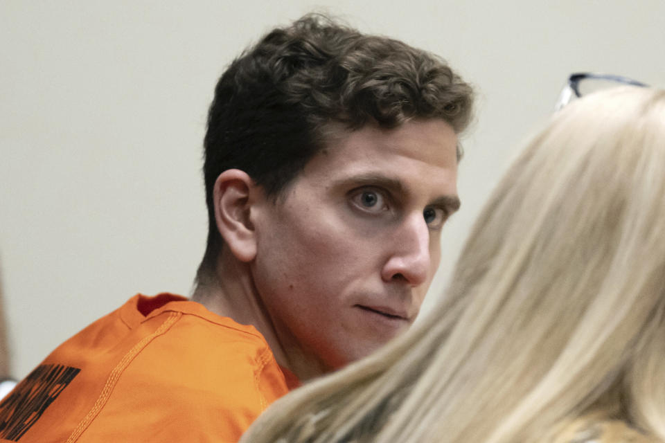 FILE - Bryan Kohberger, left, who is accused of killing four University of Idaho students in November 2022, looks toward his attorney, during a hearing in Latah County District Court, Jan. 5, 2023, in Moscow, Idaho. A media coalition is trying again to get a gag order lifted in the criminal case of Kohberger. (AP Photo/Ted S. Warren, Pool,File)