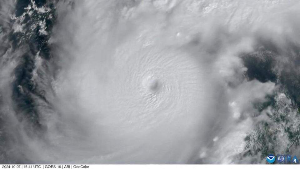 PHOTO: A satellite image shows whirlwind formation of Hurricane Milton, Oct. 7, 2024, in this screen grab obtained from a handout video.  (Csu/cira & Noaa/CSU/CIRA & NOAA via Reuters)