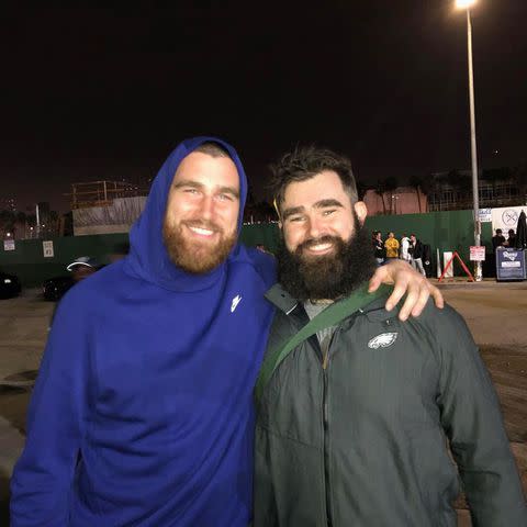 <p>Travis Kelce/ Instagram</p> Travis and Jason Kelce pose with their arms around each other