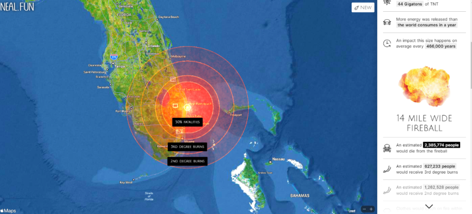 A map of the fireball radius of an asteroid hitting Florida 