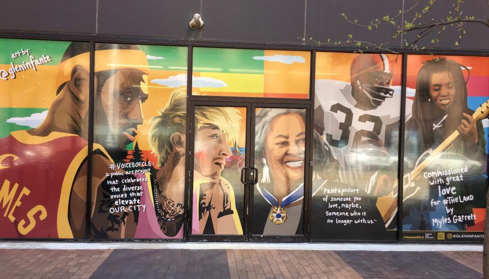 The “Cleveland is the Reason” mural by artist Glen Infante features LeBron James, Machine Gun Kelly, Toni Morrison, Jim Brown and Tracy Chapman. The artwork in downtown Cleveland was commissioned by Browns defensive end Myles Garrett.