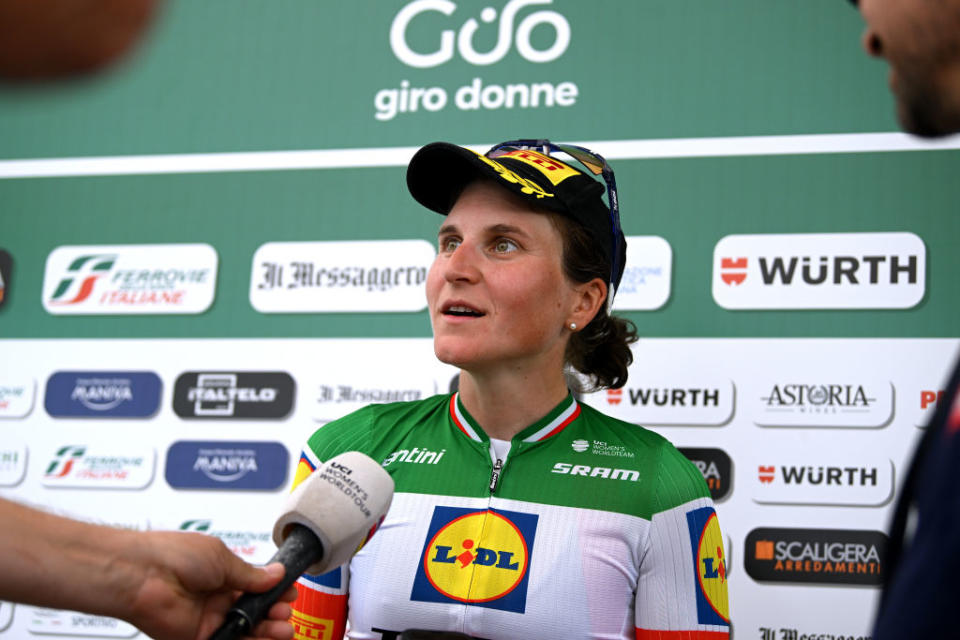 BORGO VAL DI TORO ITALY  JULY 03 Elisa Longo Borghini of Italy and Team Lidl  Trek attends to the media press at podium during the 34th Giro dItalia Donne 2023 Stage 4 a 134km stage from Fidenza to Borgo Val di Toro  UCIWWT  on July 03 2023 in Borgo Val di Toro Italy Photo by Dario BelingheriGetty Images