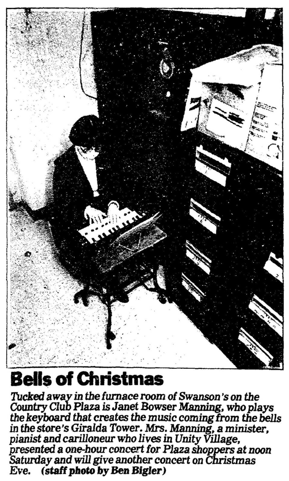 Carillonneur Janet Bowser Manning playing the Plaza’s Giralda Tower bells. December 20, 1981.