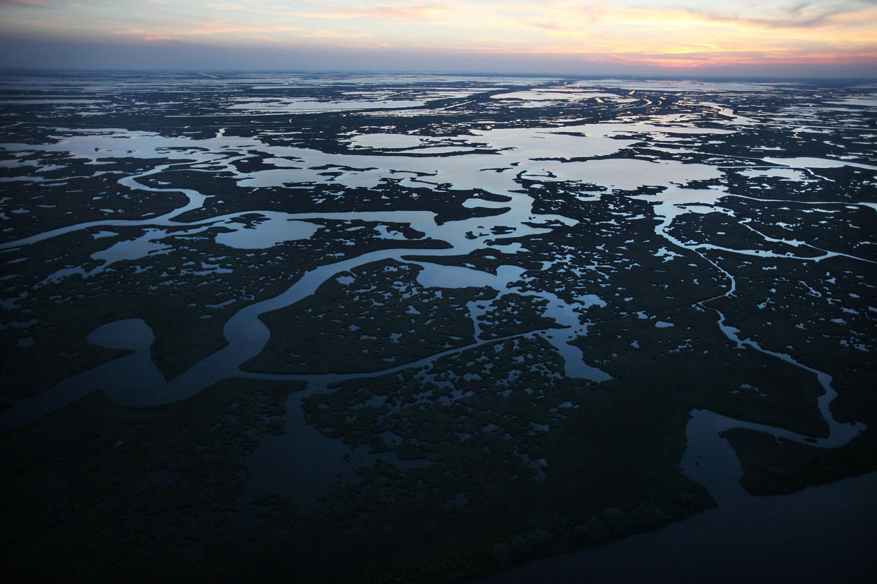 The sun sets over wetlands in Louisiana's Barataria Bay on April 13, 2011. Barataria Bay's fragile wetlands were among the hardest-hit in the aftermath of the Deepwater Horizon rig explosion, which spilled 206 million gallons of oil into the Gulf of Mexico in 2010. (Photo: Mario Tama/Getty Images)