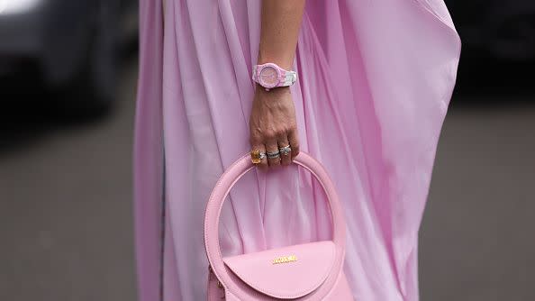 paris, france july 04 palina kozyrava seen wearing natkina jewelry, silver diamond earrings, rings, leonard paris pink chiffon long maxi dress with long cape, jacquemus le sac pink round bag, maurice lacroix pinkwhite watch, prada silver metallic plateau and platform high heels outside alexis mabille haute couture fallwinter 20232024 show as part of paris fashion week on july 04, 2023 in paris, france photo by jeremy moellergetty images