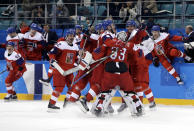 <p>the Czech Republic players celebrate after the quarterfinal round of the menâs hockey game against the United States at the 2018 Winter Olympics in Gangneung, South Korea, Wednesday, Feb. 21, 2018. The Czech Republic won 3-2. (AP Photo/Matt Slocum) </p>