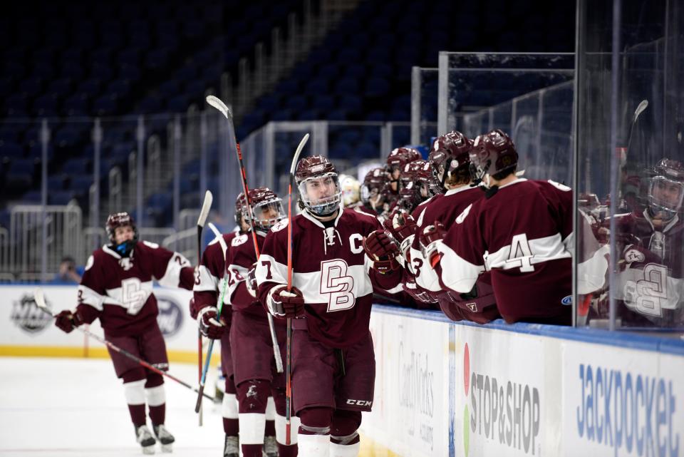 Don Bosco Prep ice hockey vs. Portledge School at UBS Arena in Elmont, NY on Tuesday, February 8, 2022. DB #7 Nick Milmore celebrates after scoring in the first period. 