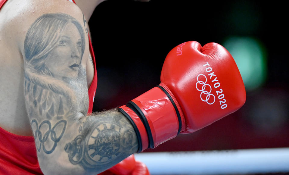 <p>TOKYO, JAPAN - JULY 25: A tattoo is seen on the arm of Luka Plantic of Croatia during the Men's Light Heavy (75-81kg) on Day 2 of the Tokyo 2020 Olympic Games at Kokugikan Arena on July 25, 2021 in Tokyo, Japan. (Photo by Luis Robayo - Pool/Getty Images)</p> 