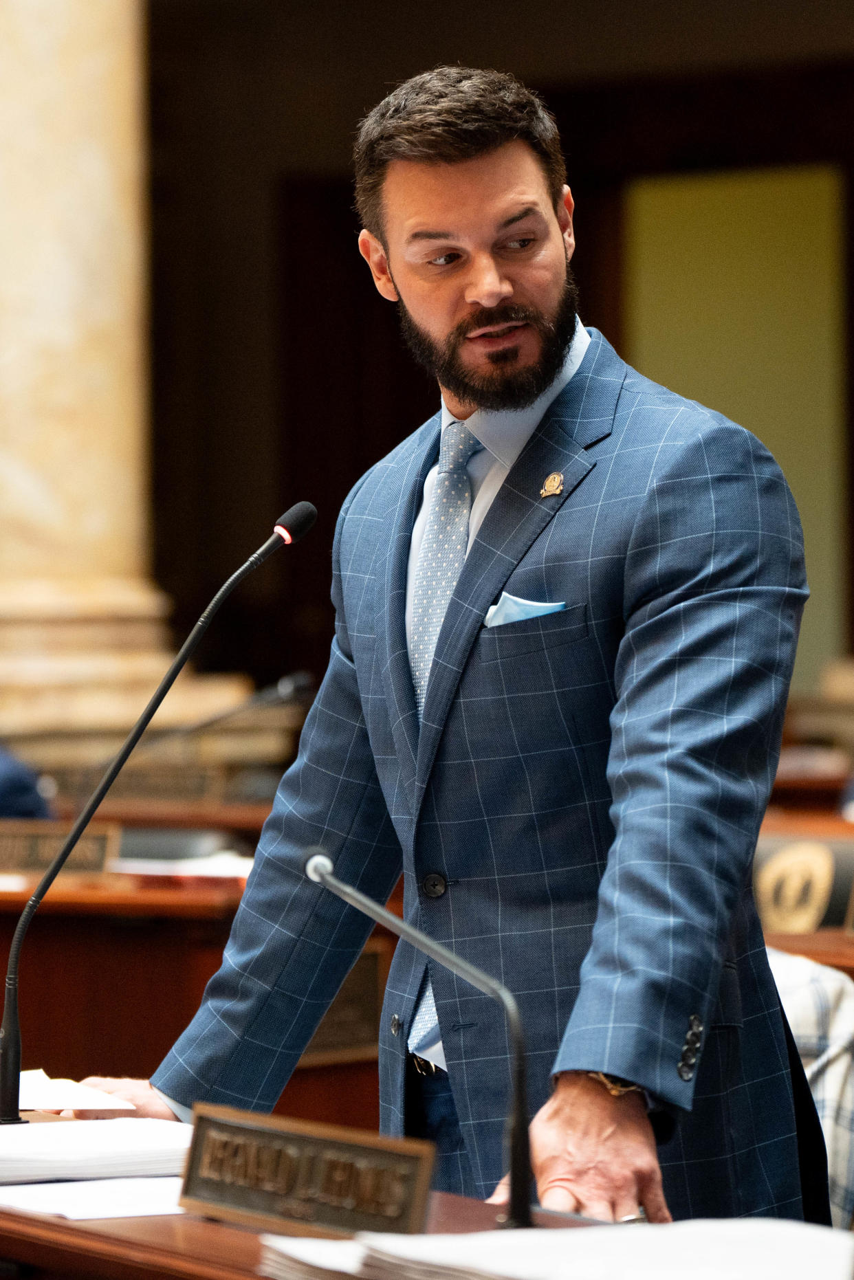 Sen. David Yates, D-Louisville, says goodbye to fellow Democratic Sen. Denise Harper Angel during her last legislative session on Monday, April 15, 2024.