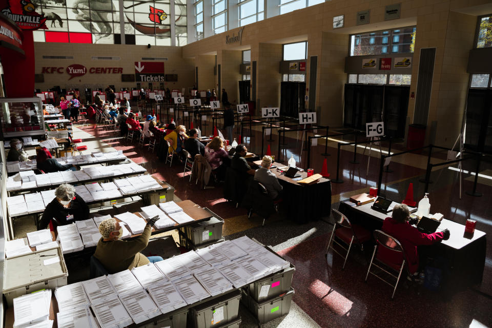 Election officials wait for voters in the KFC YUM! Center on Nov. 3 in Louisville. The 2020 election was the first time many people with prior felony convictions were allowed to vote in Kentucky. (Photo: Jon Cherry via Getty Images)