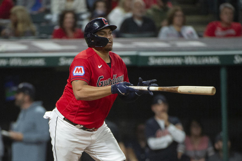 Cleveland Guardians' Josh Naylor watches his single off Texas Rangers relief pitcher Martin Perez during the seventh inning of a baseball game in Cleveland, Saturday, Sept. 16, 2023. (AP Photo/Phil Long)