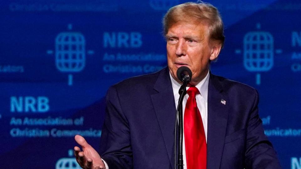 PHOTO: Former President Donald Trump addresses the 2024 National Religious Broadcasters Association International Christian Media Convention, as part of the NRB Presidential Forum in Nashville, TN, Feb. 22, 2024.   (Seth Herald/Reuters/FILE)