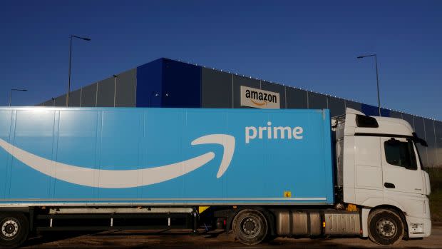 The logo of Amazon Prime Delivery is seen on the trailer of a truck