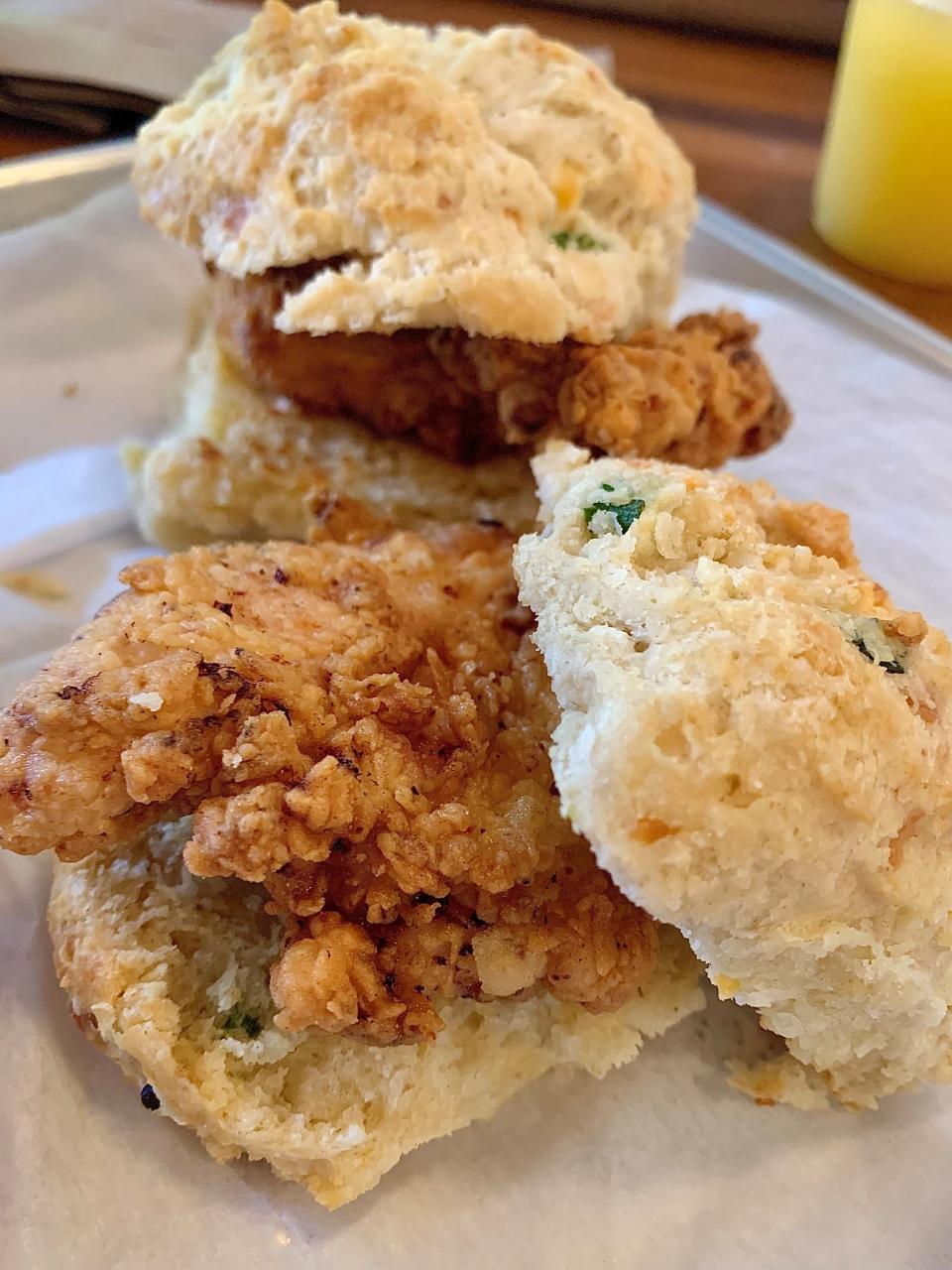 The chicken biscuits at Cypress Table in Cocoa Village featured a big drop biscuit, flavored with just enough cheddar and a decent-sized piece of buttermilked and lightly fried chicken breast that has the slightest hint of piquancy.