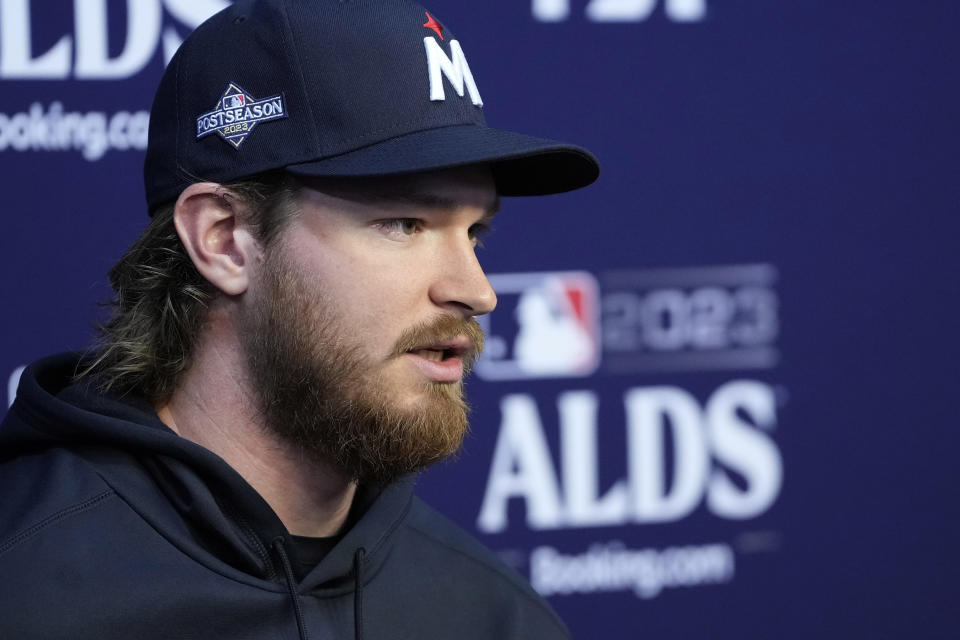 Minnesota Twins starting pitcher Bailey Ober answers a question during an ALDS baseball news conference Friday, Oct. 6, 2023, in Houston. The Twins will play the Houston Astros in Game 1 of an ALDS series Saturday. (AP Photo/David J. Phillip)
