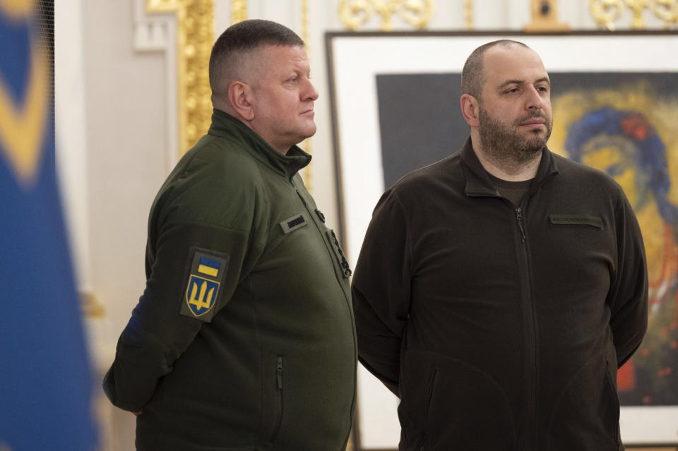 In this photo provided by the Ukrainian Presidential Press Office, former Commander-in-Chief of Ukraine's Armed Forces Valerii Zaluzhnyi, left, and Ukraine's Defence Minister Rustem Umerov attend an awarding ceremony in Kyiv, Ukraine, Friday, Feb. 9, 2024. (Ukrainian Presidential Press Office via AP)