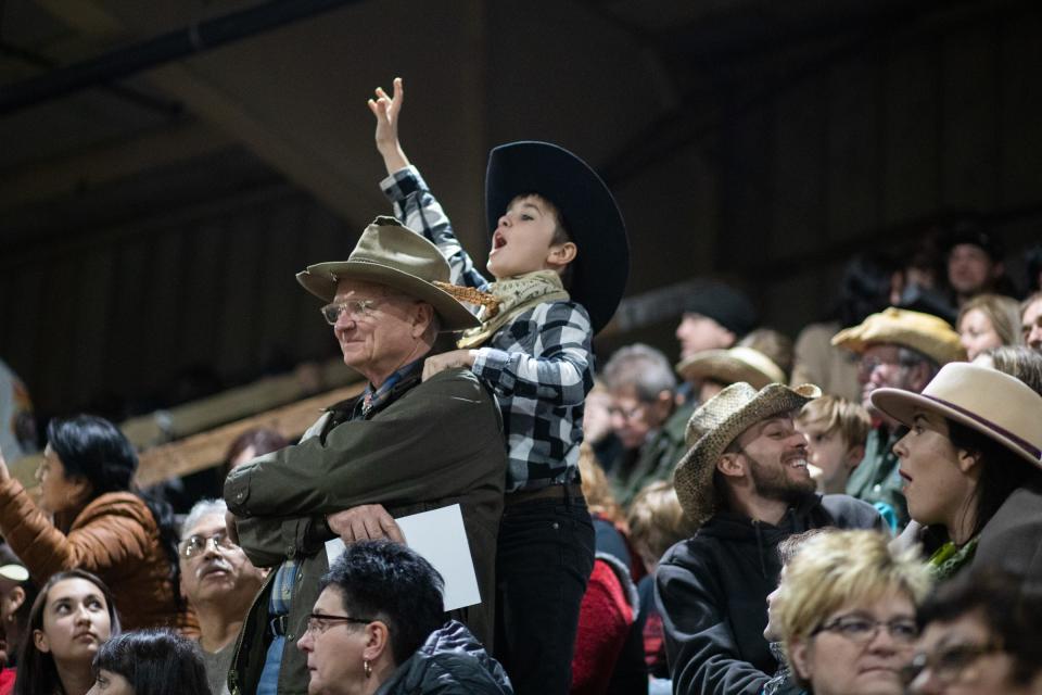 Rodeo fans cheer.