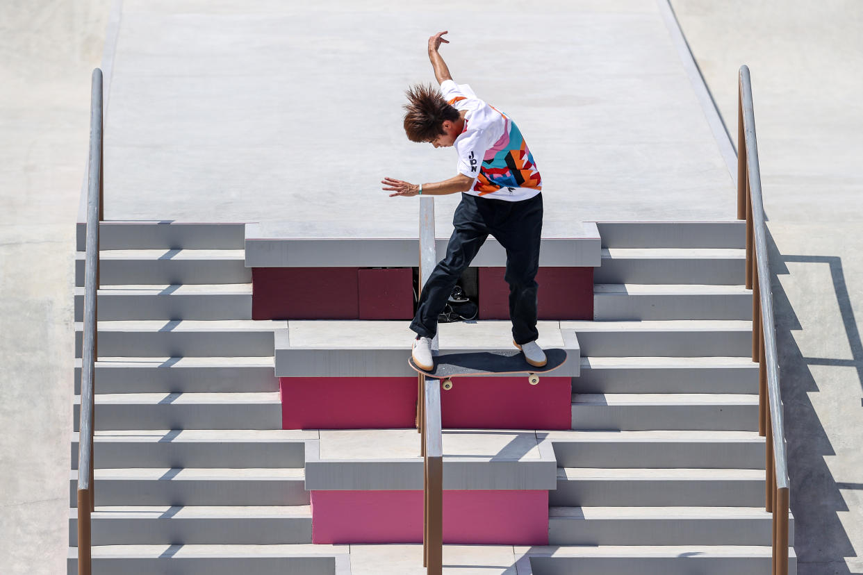 TOKYO, JAPAN - JULY 25: Yuto Horigome of Team Japan competes at the Skateboarding Men's Street Finals on day two of the Tokyo 2020 Olympic Games at Ariake Urban Sports Park on July 25, 2021 in Tokyo, Japan. (Photo by Dan Mullan/Getty Images)