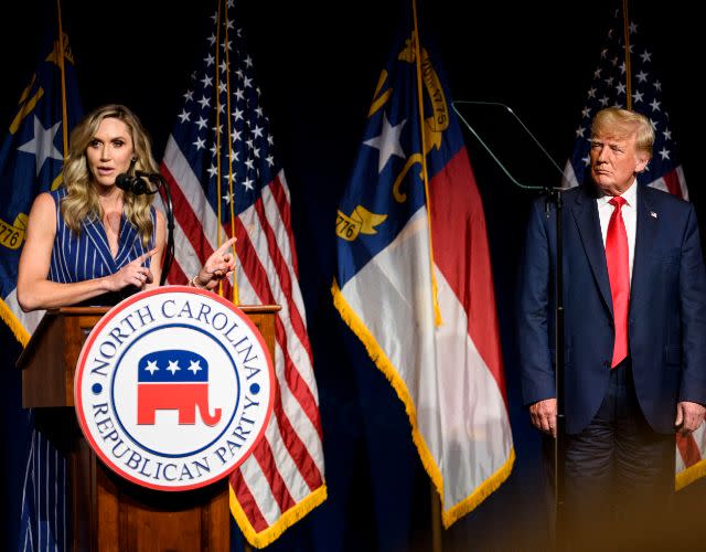GREENVILLE, NC – JUNE 05: Laura Trump speaks at the NCGOP state convention as former U.S. President Donald Trump on June 5, 2021 in Greenville, North Carolina. Laura Trump put rumors to bed by announcing she would not be running for the N.C. Senate. The event is one of former U.S. President Donald Trumps first high-profile public appearances since leaving the White House in January. (Photo by Melissa Sue Gerrits/Getty Images)