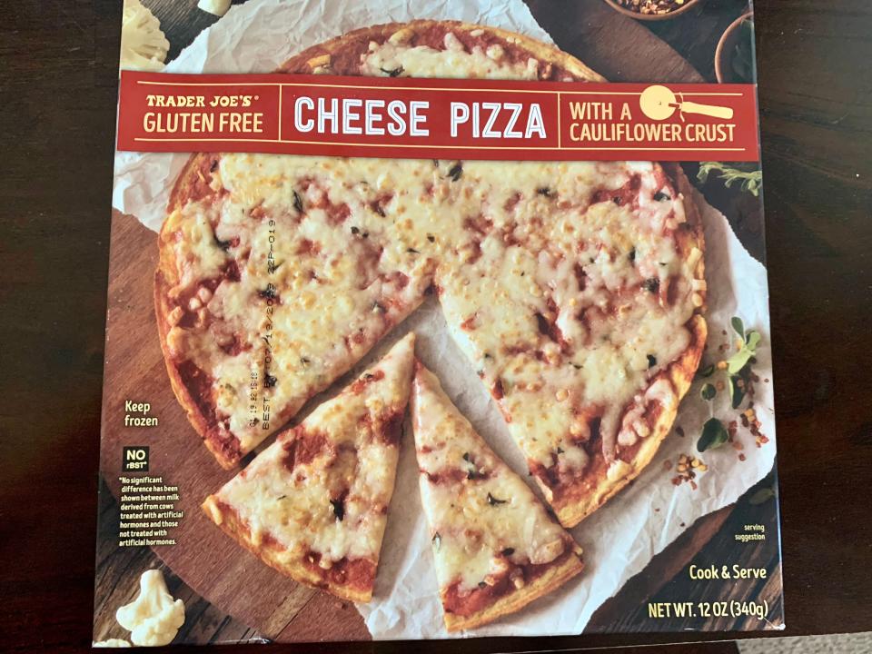 box of Trader Joe's cauliflower cheese pizza