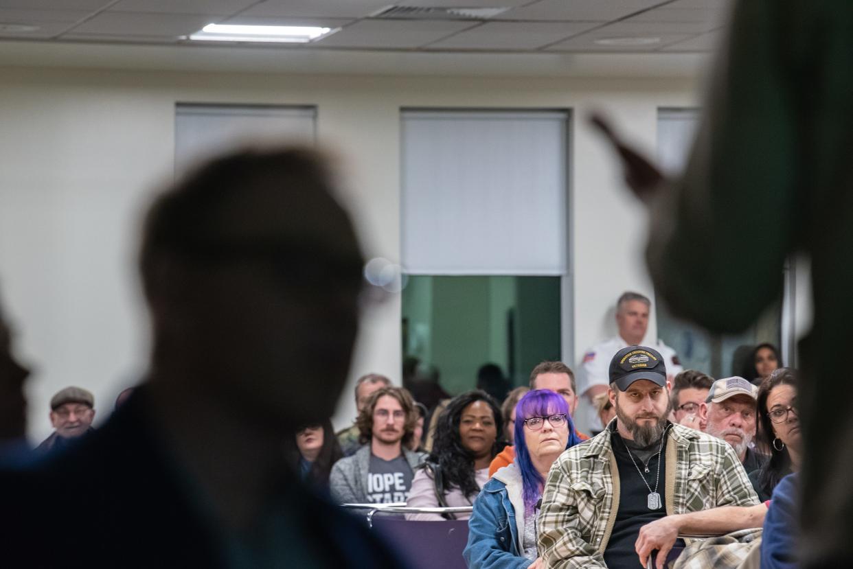 Seth Forwood, senior director of Fort Collins Rescue Mission and Harvest Farm, speaks during a neighborhood meeting Thursday at Northside Aztlan Center in Fort Collins. The meeting is one of the first steps in the city's development review process for the Rescue Mission's new shelter for men experiencing homelessness.