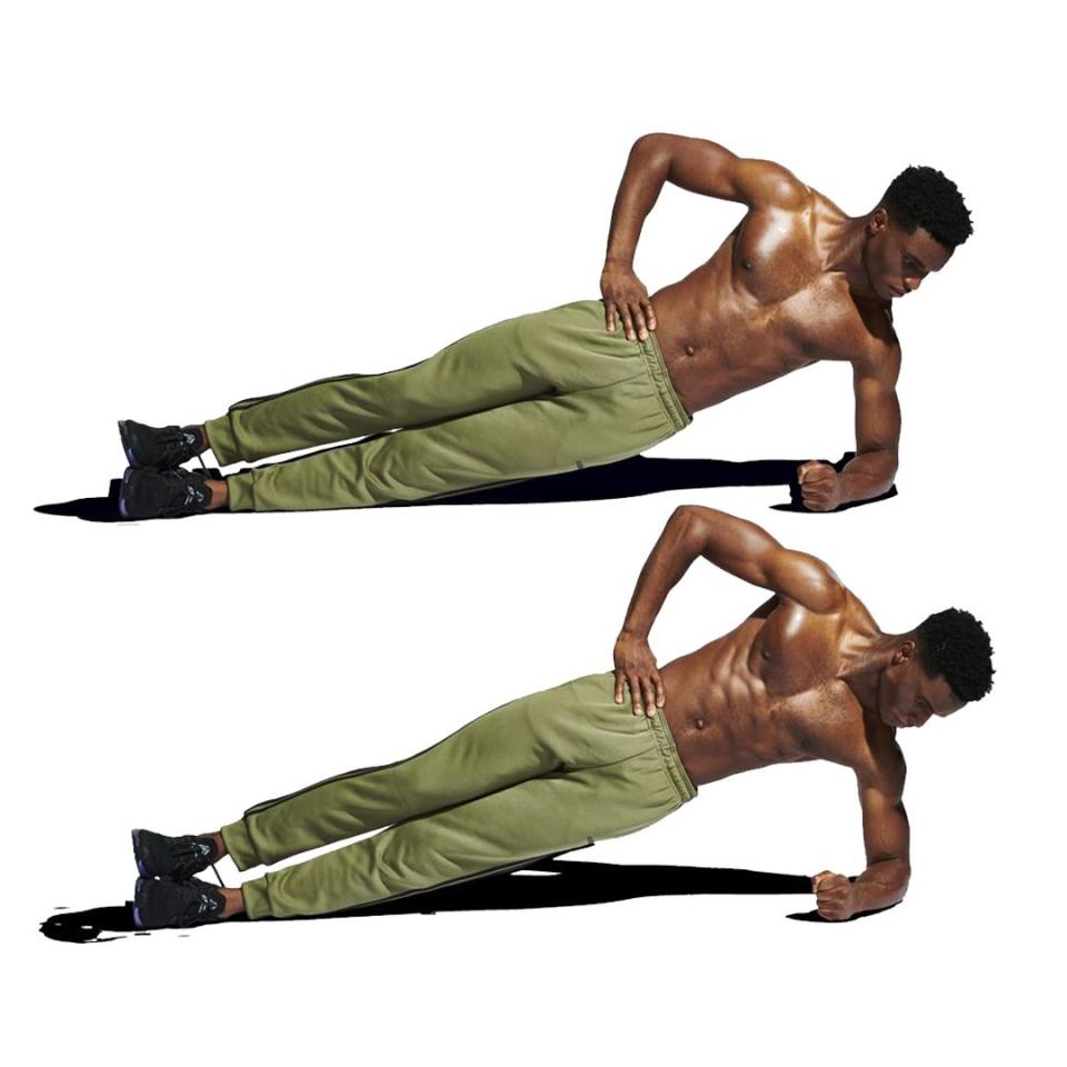 <p>Lie on your side with your legs straight, your upper body resting on an elbow and your top hand on your hip (<strong>A</strong>). Drive up your hips, so there’s a straight line from shoulder to toe (<strong>B</strong>). Hold for 30 seconds. Once you’ve collapsed, switch sides.</p>