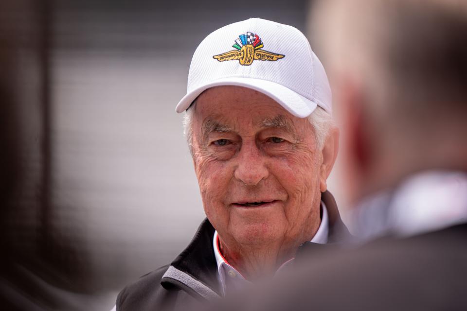 Penske Racing owner Roger Penske talks with race fans Saturday, May 13, 2023, before the start of the GMR Grand Prix at Indianapolis Motor Speedway. 