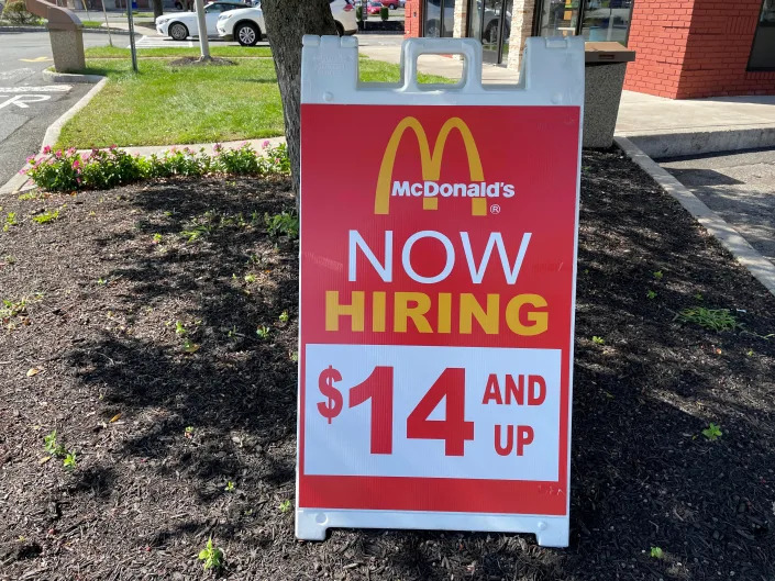 A hiring sign for McDonald&#39;s is displayed at Florham Park, New Jersey, U.S. September 10, 2021. Stimulus money may have made workers reluctant to take low-wage jobs. Picture taken  September 10, 2021. REUTERS/Conway G. Gittens