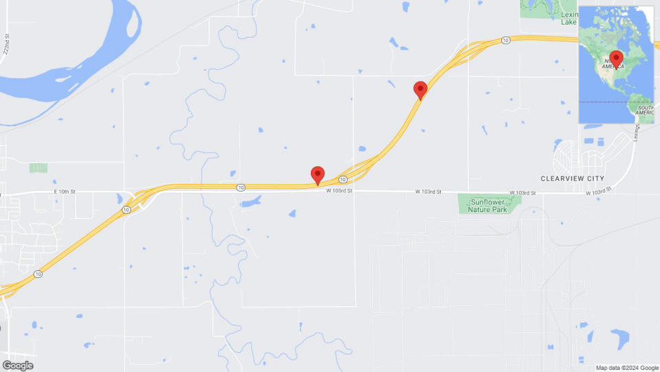 A detailed map that shows the affected road due to 'Heavy rain prompts traffic advisory on eastbound K-10 in Eudora' on April 30th at 7:49 p.m.