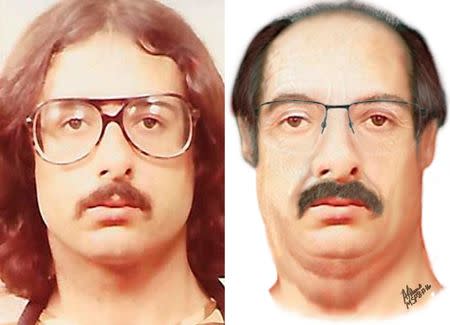 John Gentry, a male fugitive from two 1983 murders who police think may be living in Los Angeles as a woman, is seen in a 1983 booking photo (L) and a age-progressed drawing of what he may look like today as a 63-year-old (R). Michigan State Police/Monroe County Sheriff's Office/Handout via Reuters